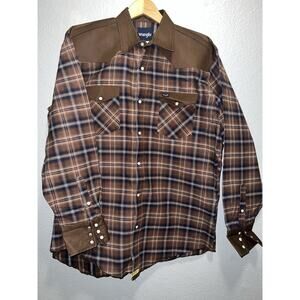 Wrangler Western Shirt Men's M Brown Brushpopper Pearl Snap Thick Canvas